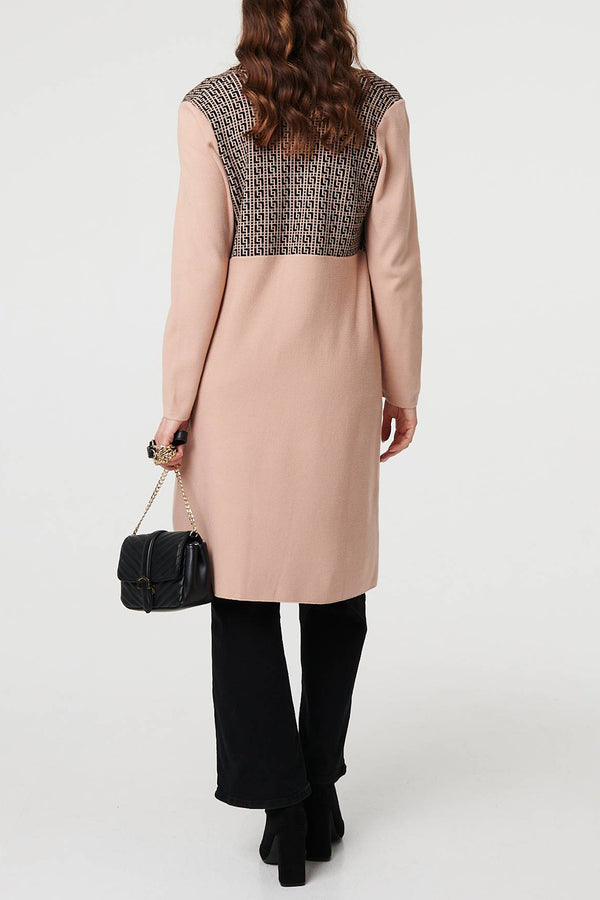 BEIGE | Printed Tassel Scarf Longline Jacket