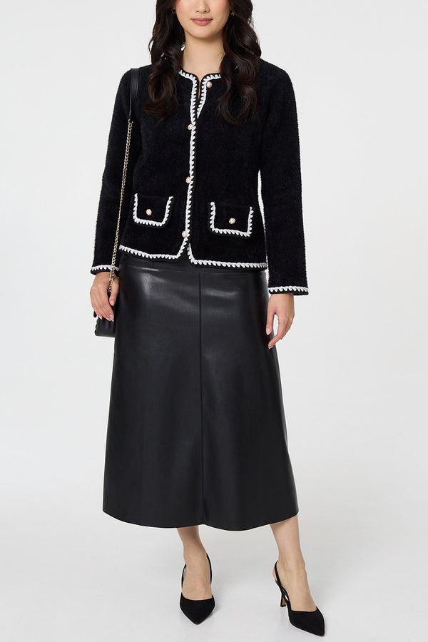 BLACK | Contrast Stitch Trim Fitted Knit Jacket