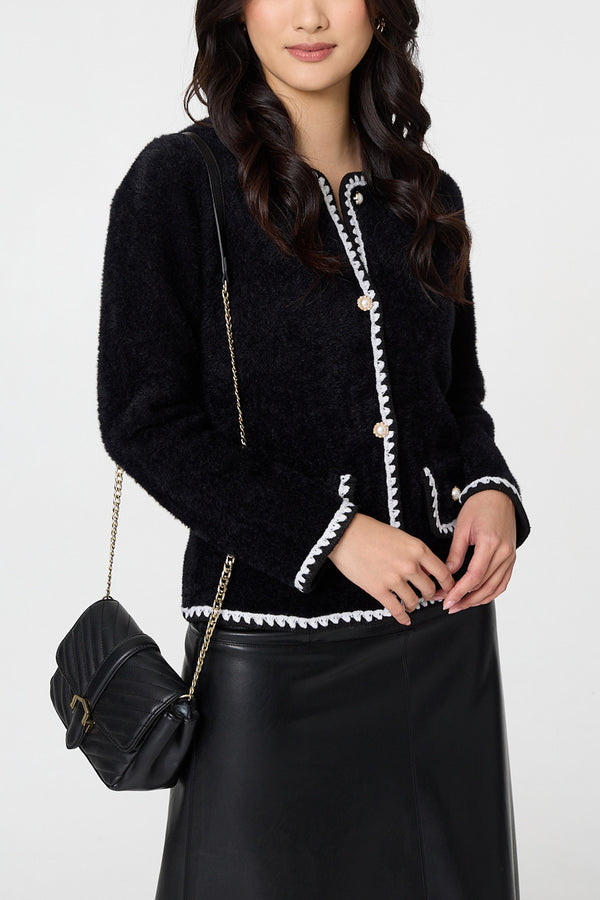 BLACK | Contrast Stitch Trim Fitted Knit Jacket