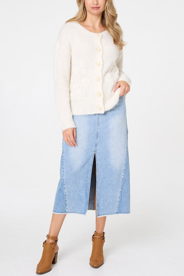 WHITE | Floral Embroidered Relaxed Cardigan