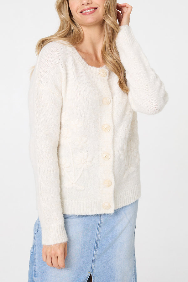 WHITE | Floral Embroidered Relaxed Cardigan