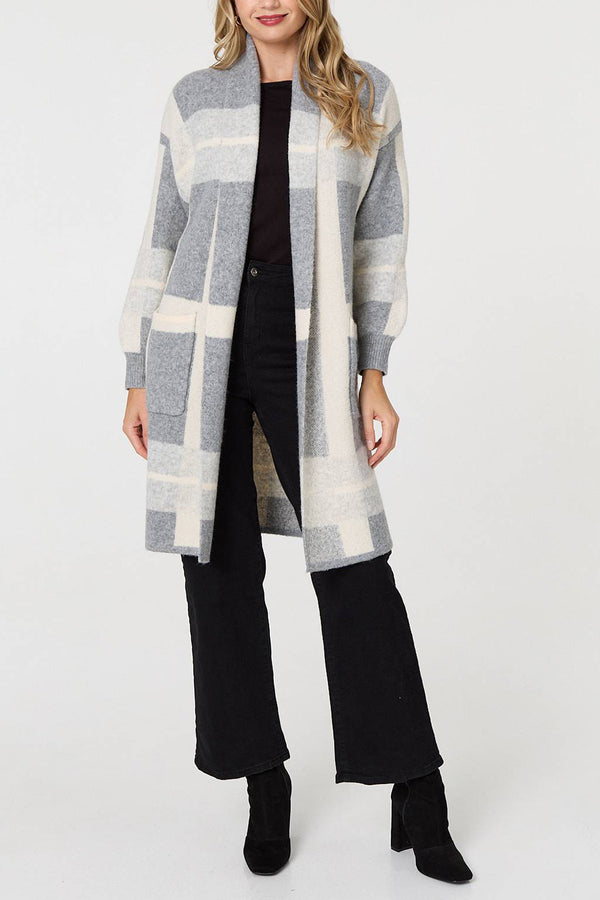 GREY | Checked Open Front Longline Knit Jacket