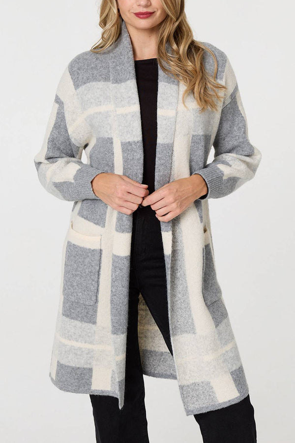 GREY | Checked Open Front Longline Knit Jacket
