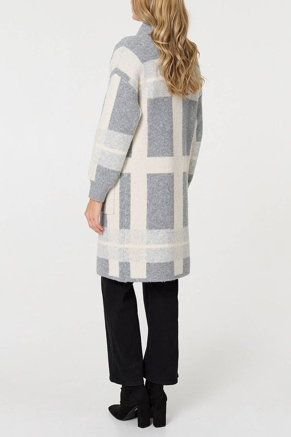 GREY | Checked Open Front Longline Knit Jacket