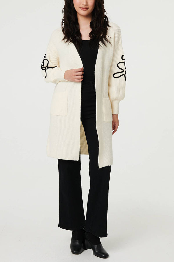 CREAM | Floral Stitch Detail Longline Cardigan