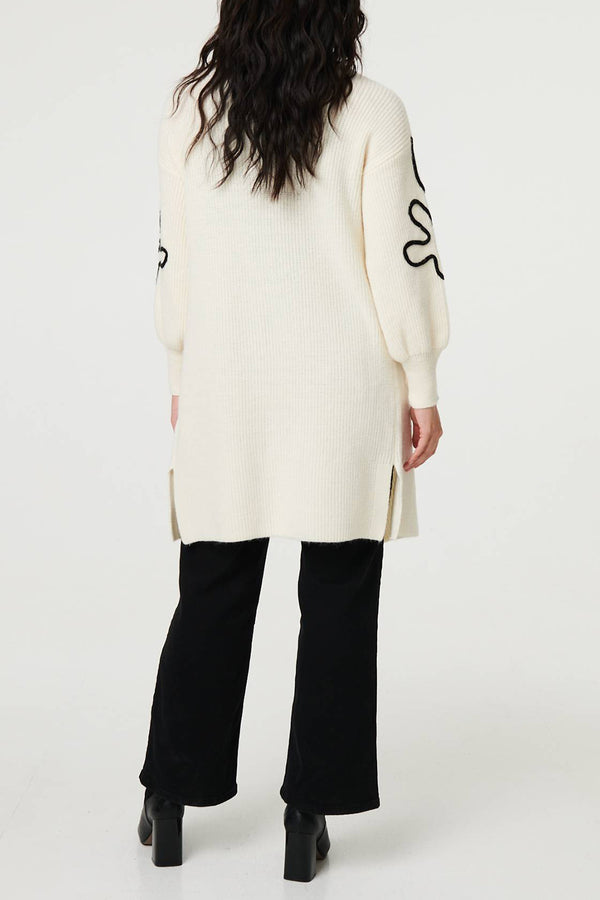 CREAM | Floral Stitch Detail Longline Cardigan