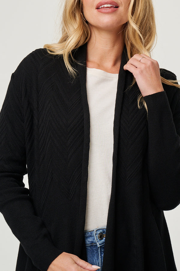 BLACK | Longline Knit Texture Waterfall Cardigan