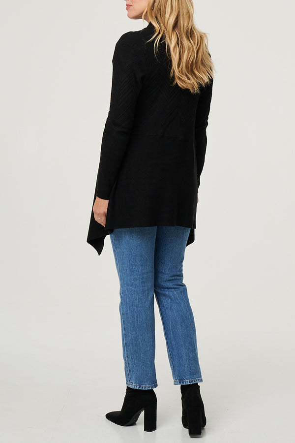 BLACK | Longline Knit Texture Waterfall Cardigan