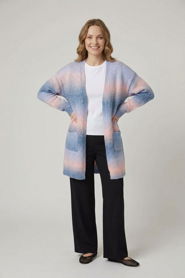 Striped Long Sleeve Longline Cardigan| BLUE
