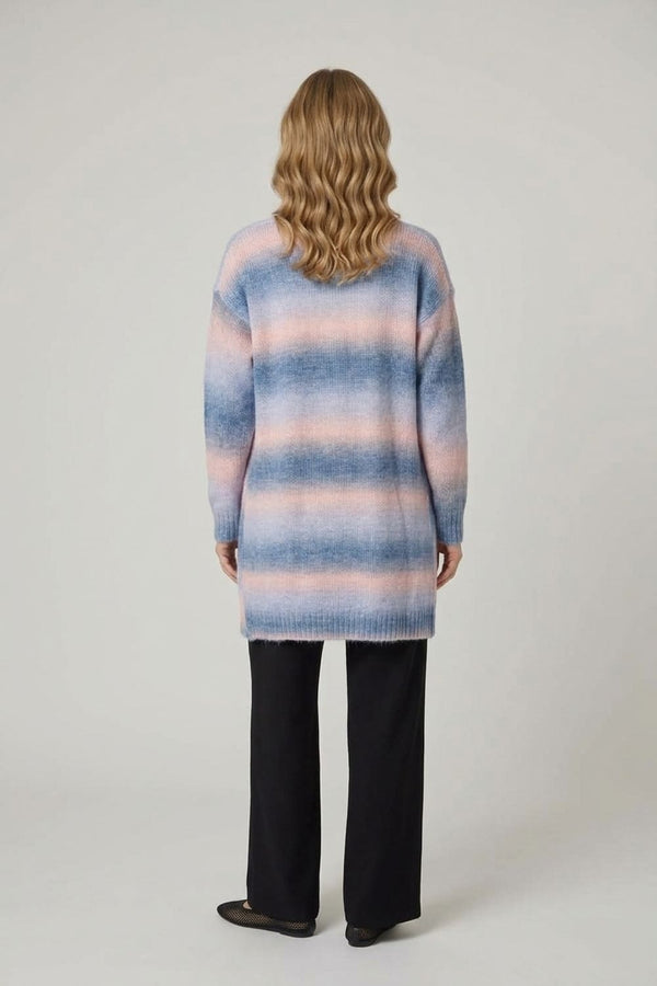 Striped Long Sleeve Longline Cardigan| BLUE