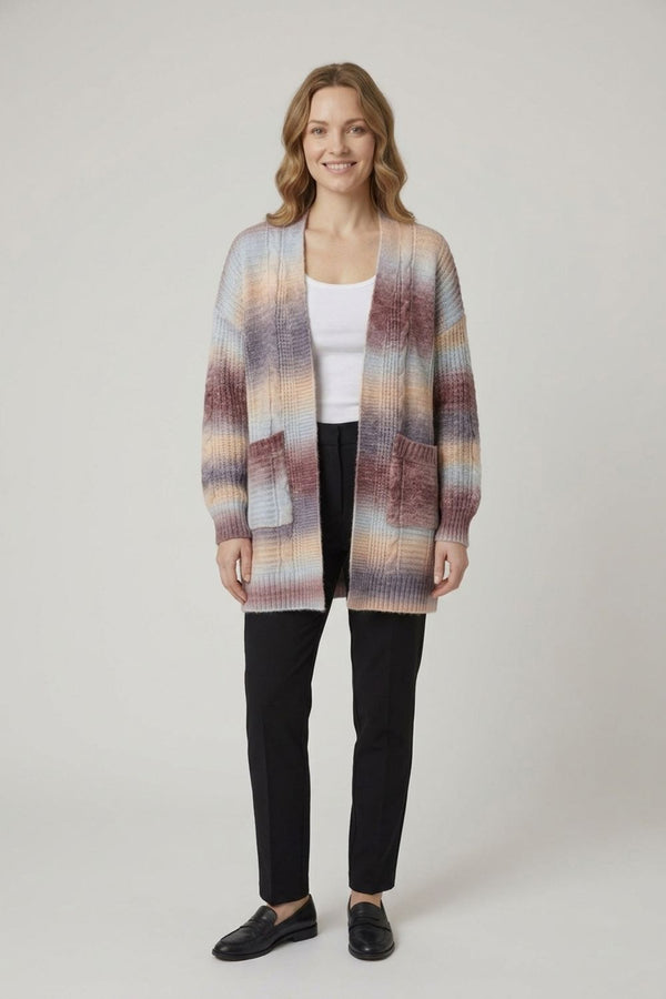 Stripe Texture Longline Relaxed Cardigan| CHOCOLATE