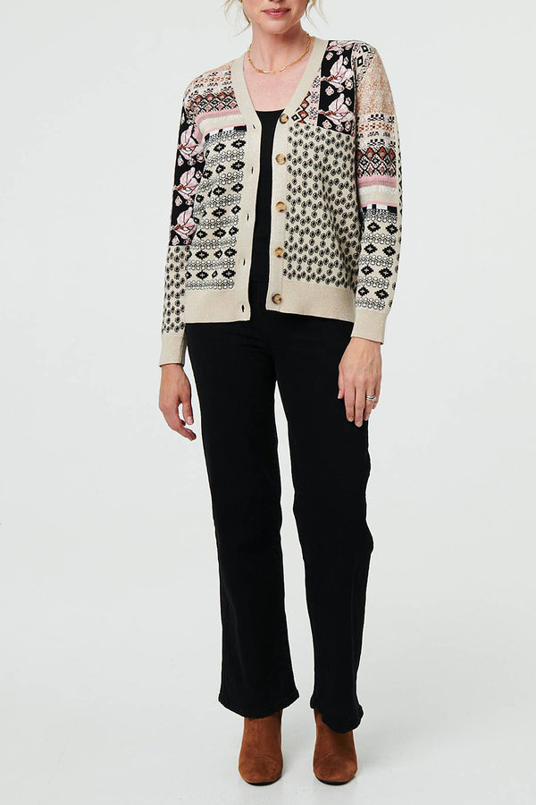 MULTI CREAM | Patchwork Print Long Sleeve Cardigan