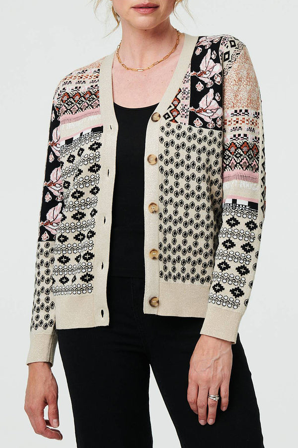 MULTI CREAM | Patchwork Print Long Sleeve Cardigan