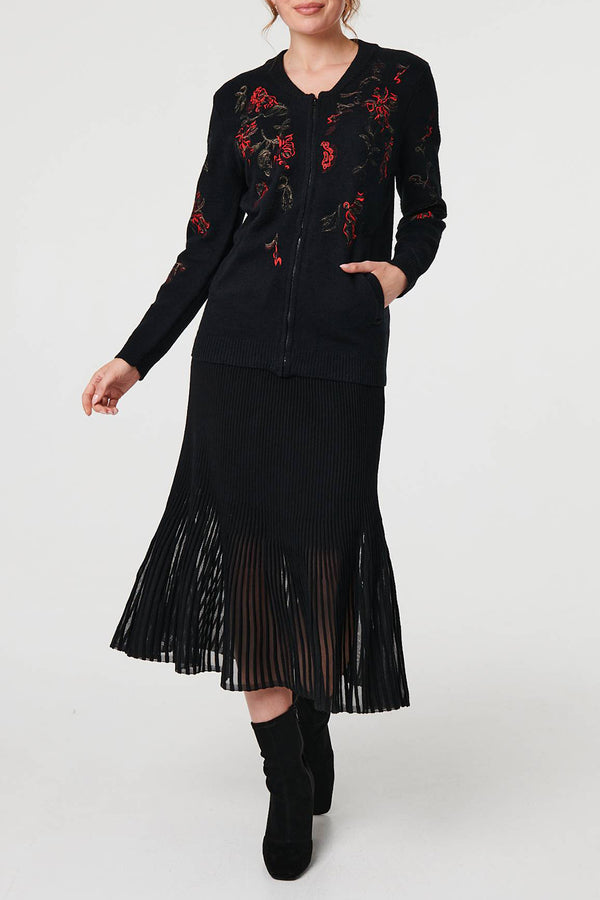 BLACK| Floral Embroidered Zip Front Cardigan
