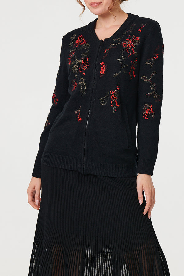 BLACK| Floral Embroidered Zip Front Cardigan