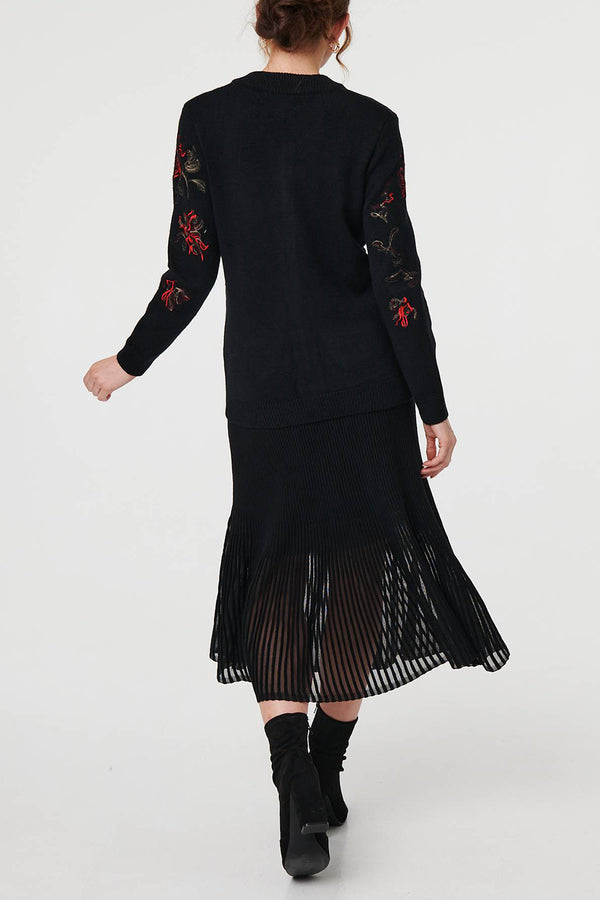 BLACK| Floral Embroidered Zip Front Cardigan