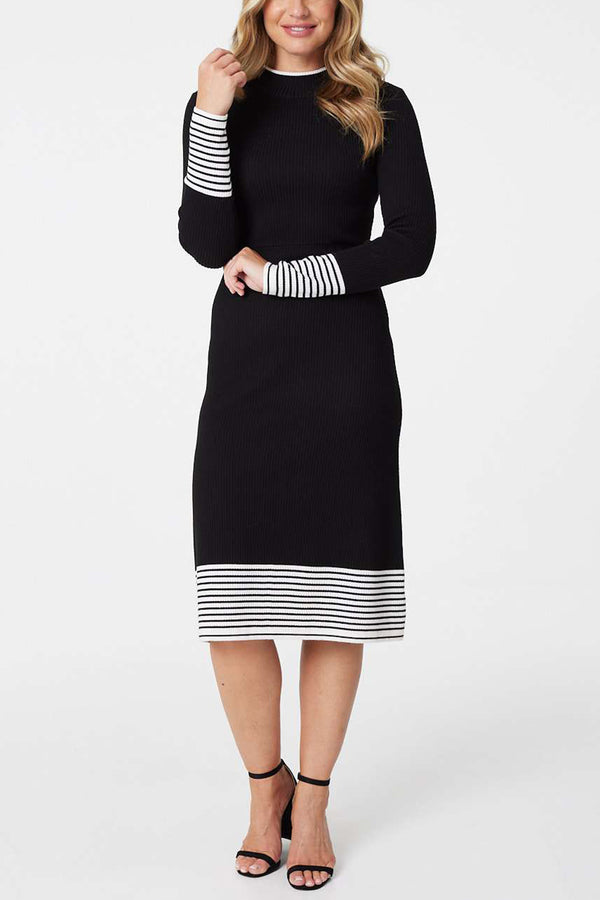 BLACK| Stripe Border Print Knitted Midi Dress