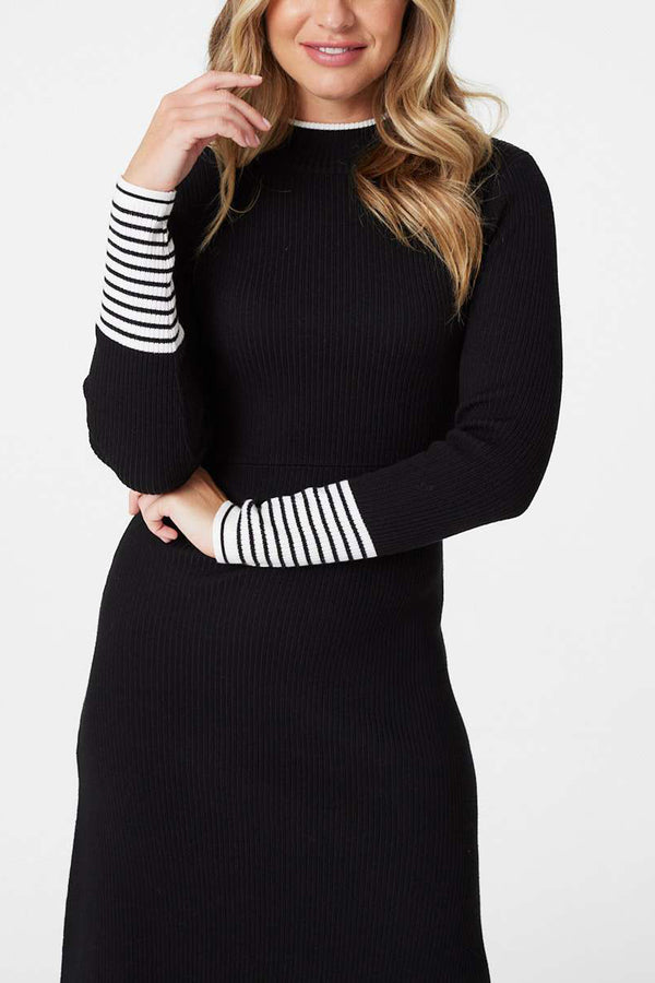 BLACK| Stripe Border Print Knitted Midi Dress