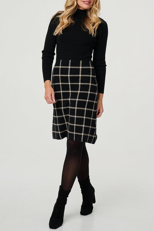 BLACK| Checked Print Knee Length Knit Dress