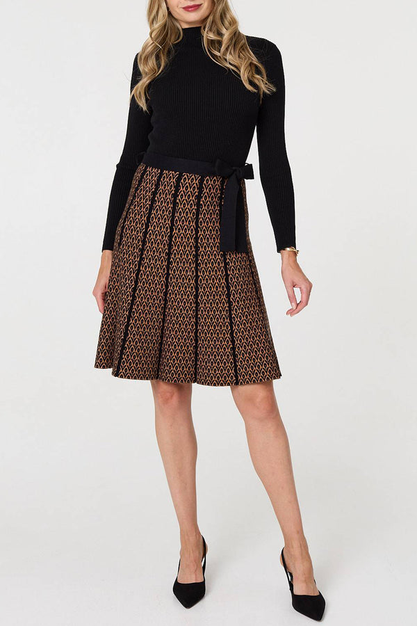 MULTI BROWN | Abstract Long Sleeve Knit Short Dress