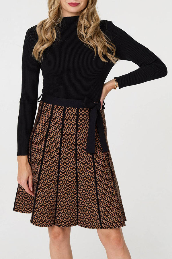 MULTI BROWN | Abstract Long Sleeve Knit Short Dress
