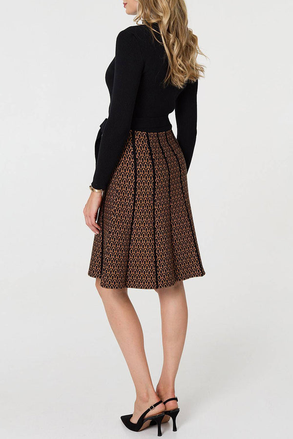 MULTI BROWN | Abstract Long Sleeve Knit Short Dress