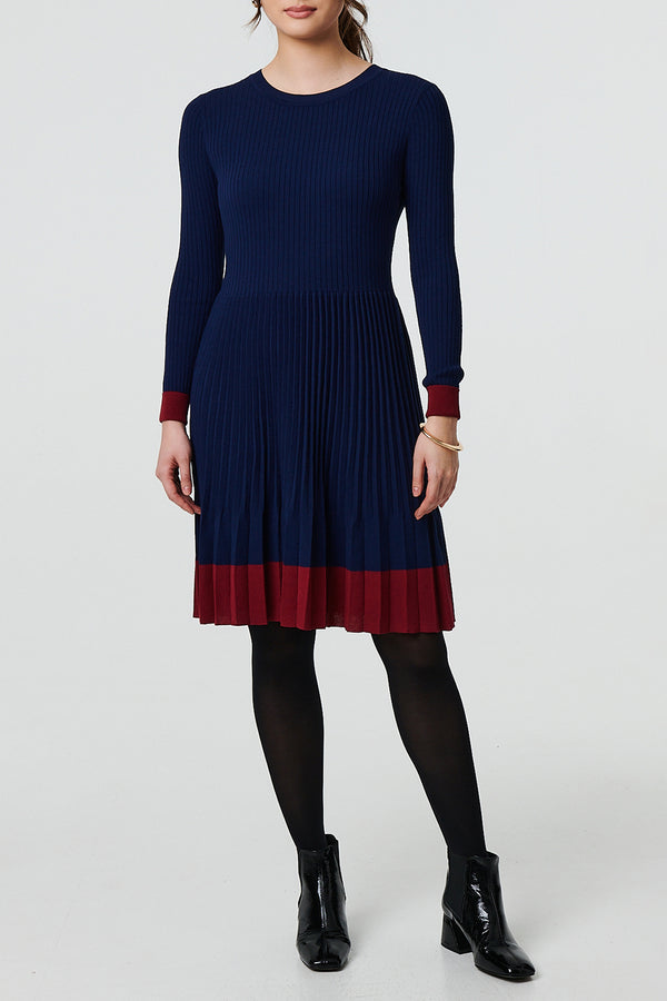 NAVY | Colour Block Tie Neck Pleat Jumper Dress