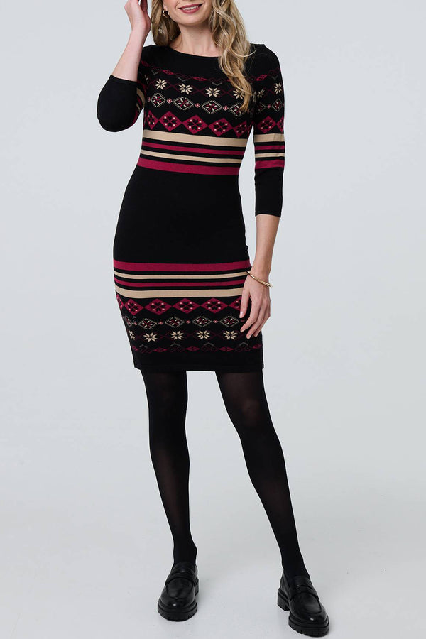 MULTI BLACK | Fair Isle 3/4 Sleeve Knitted Short Dress