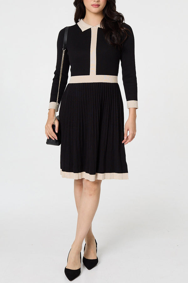 Black-Cream | Contrast Trim Knee Length Knit Dress