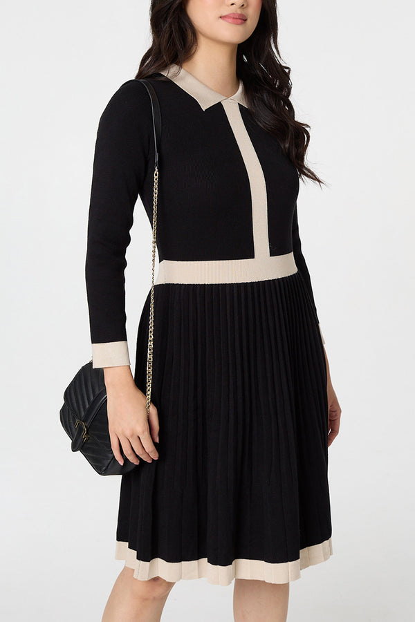 Black-Cream | Contrast Trim Knee Length Knit Dress