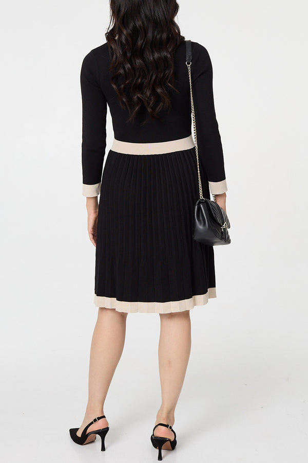 Black-Cream | Contrast Trim Knee Length Knit Dress