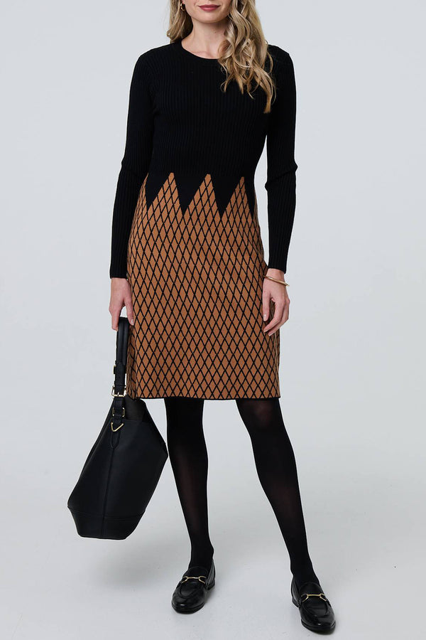 BLACK | Checked Long Sleeve Short Jumper Dress