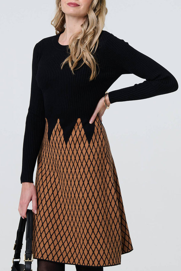 BLACK | Checked Long Sleeve Short Jumper Dress