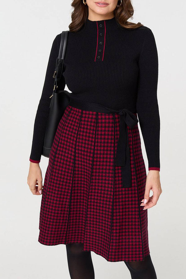 RED | Checked Button Front Knit Dress