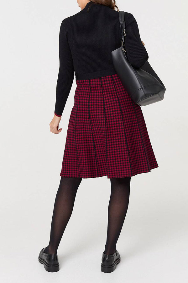 RED | Checked Button Front Knit Dress