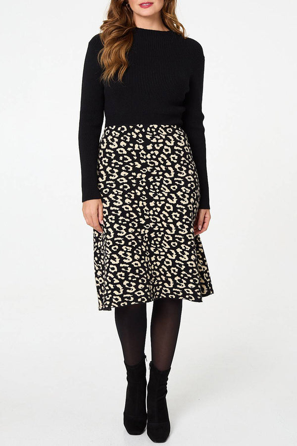 MULTI BLACK | Animal Print Ribbed Knit Midi Dress