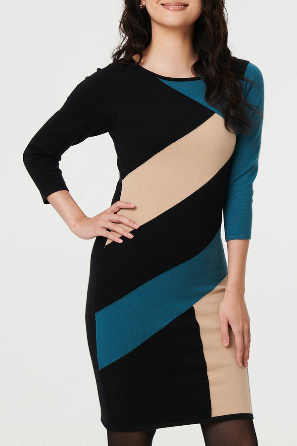 MULTI BLUE| Colour Block Knitted Bodycon Dress
