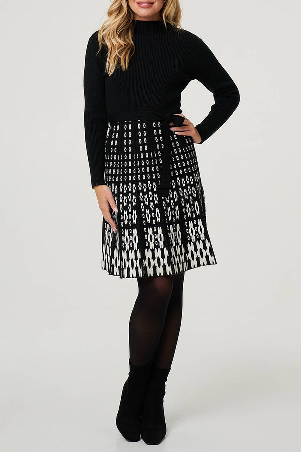 BLACK | Printed Knee Length Skater Knit Dress