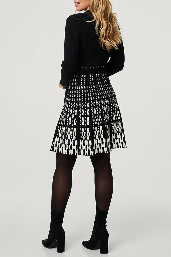 BLACK | Printed Knee Length Skater Knit Dress