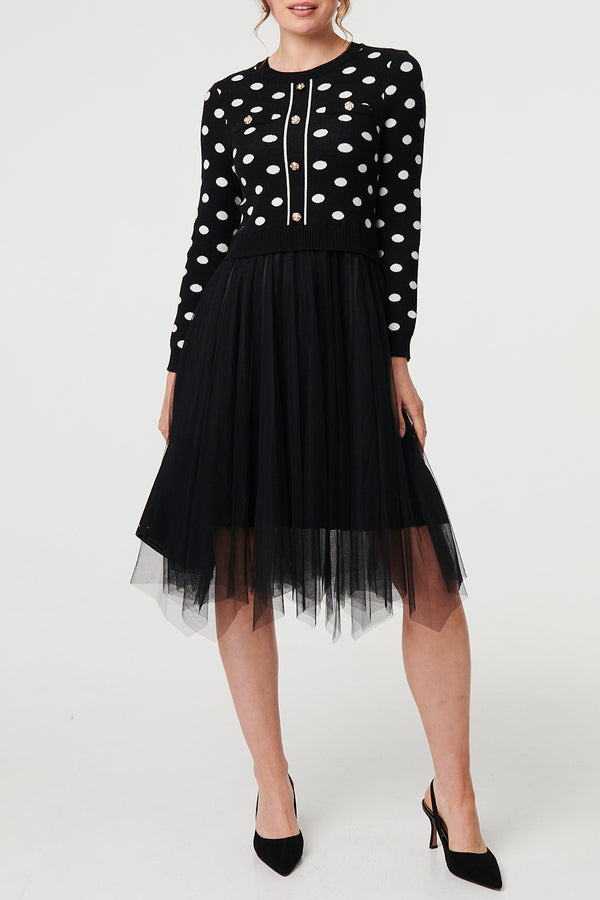 MULTI BLACK| Polka Dot Print Mesh Layer Midi Dress