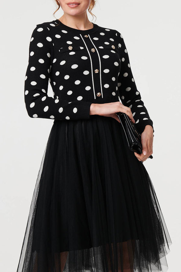 MULTI BLACK| Polka Dot Print Mesh Layer Midi Dress