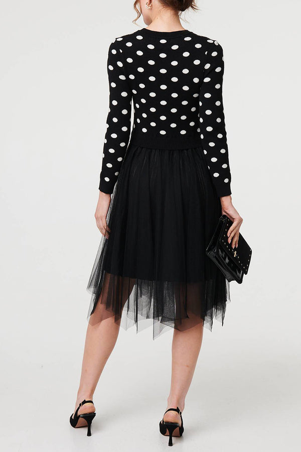 MULTI BLACK| Polka Dot Print Mesh Layer Midi Dress