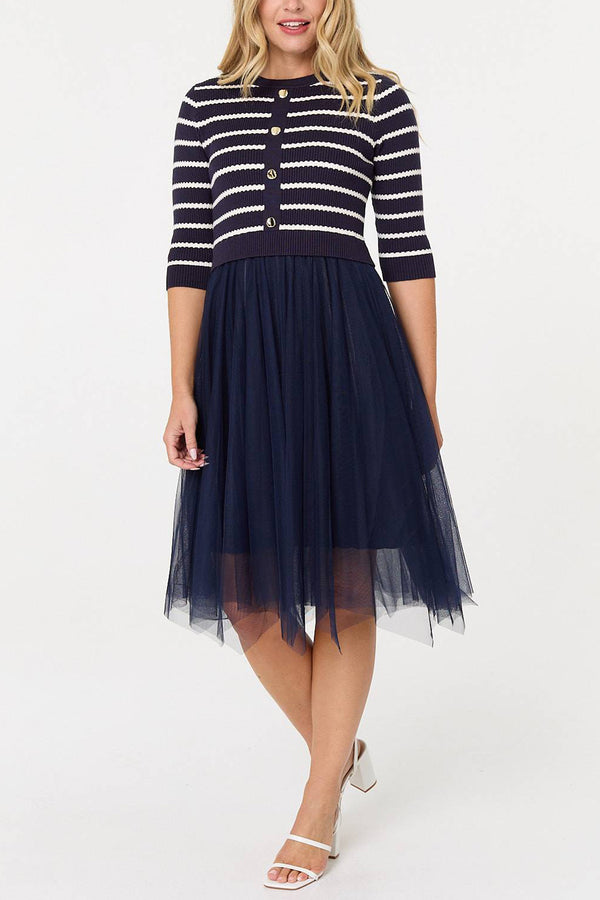 NAVY | Striped Mesh Hanky Hem Midi Jumper Dress