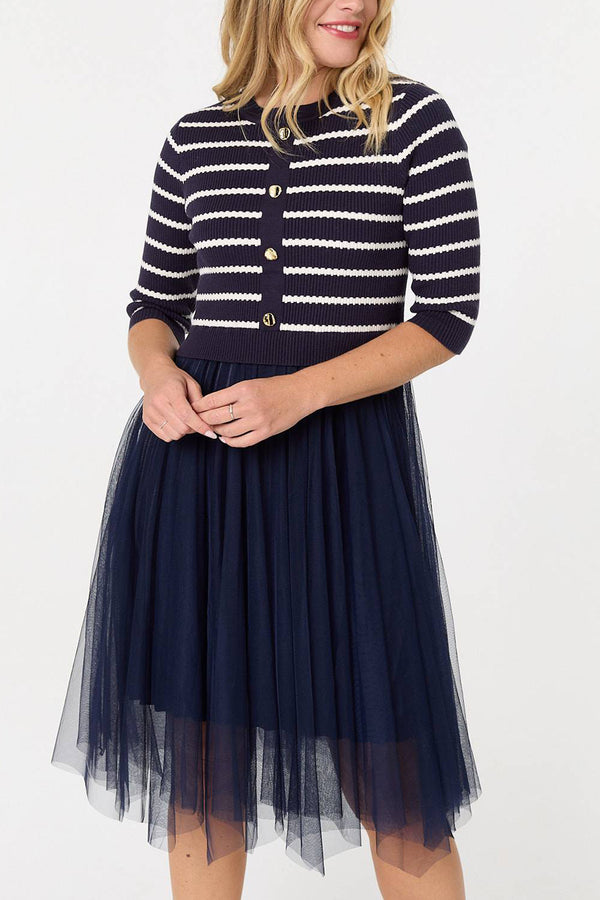 NAVY | Striped Mesh Hanky Hem Midi Jumper Dress