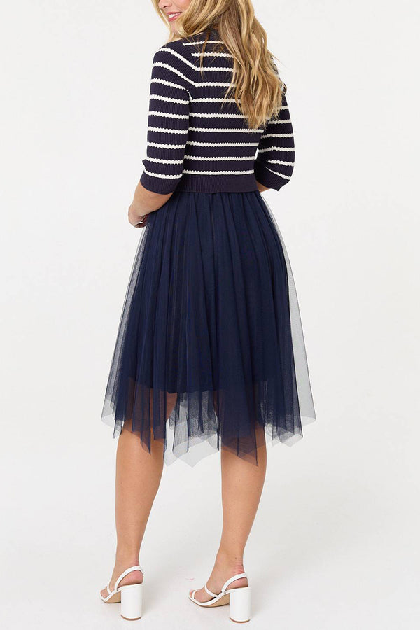NAVY | Striped Mesh Hanky Hem Midi Jumper Dress