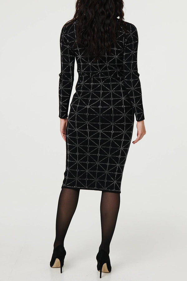 BLACK| Embellished Long Sleeve Bodycon Dress