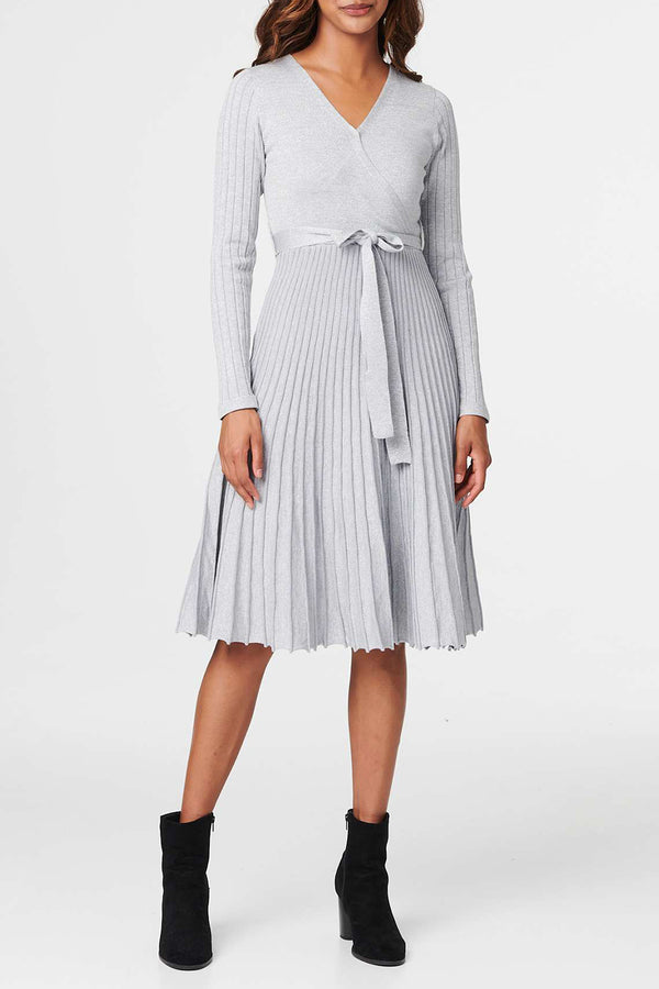 SILVER | Textured Knit Pleated Midi Wrap Dress