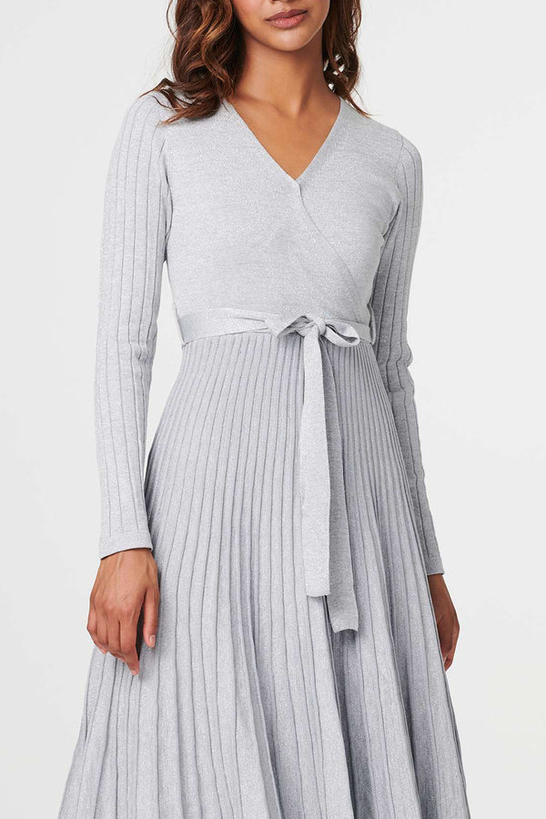 SILVER | Textured Knit Pleated Midi Wrap Dress