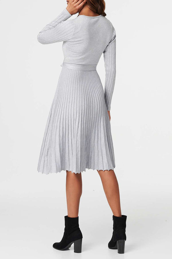 SILVER | Textured Knit Pleated Midi Wrap Dress