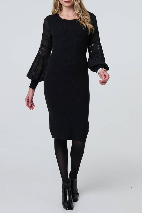 BLACK | Lace Knit Puff Sleeve Knee Length Dress